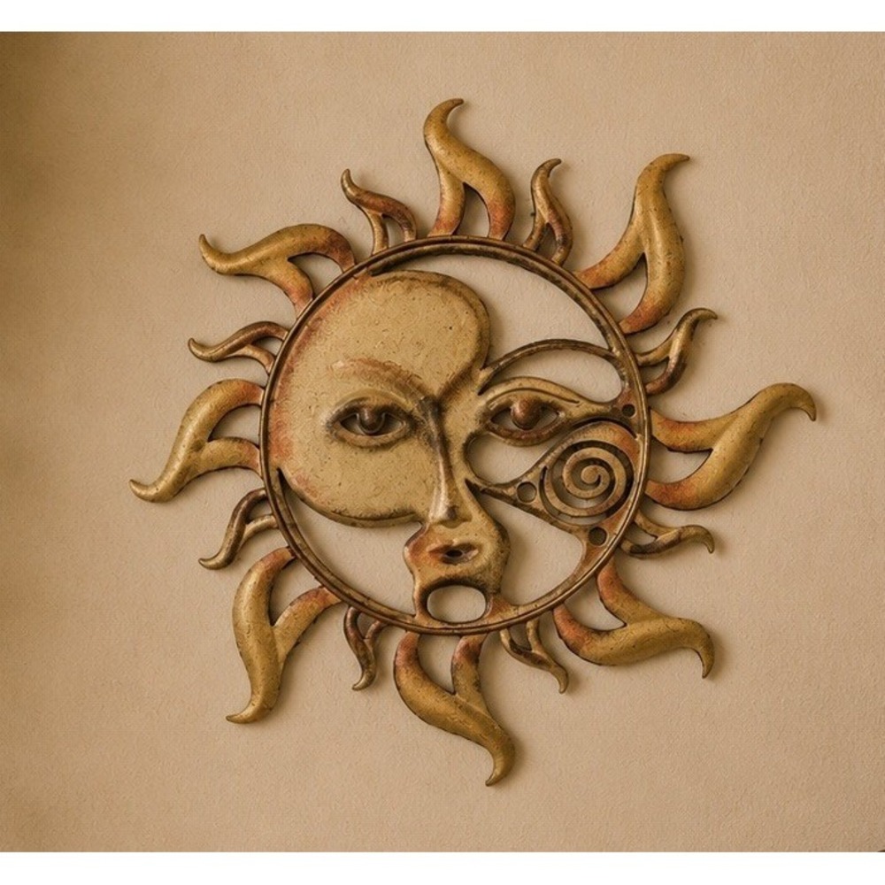 Vintage Metal Gold Celestial Heavens Sun Face Wall Decor Plaque Sculpture 15"